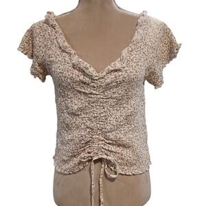 Floral Smocked V-Neck Drawstring Top Short Sleeve Ruffle Trim Cream Pink Rayon